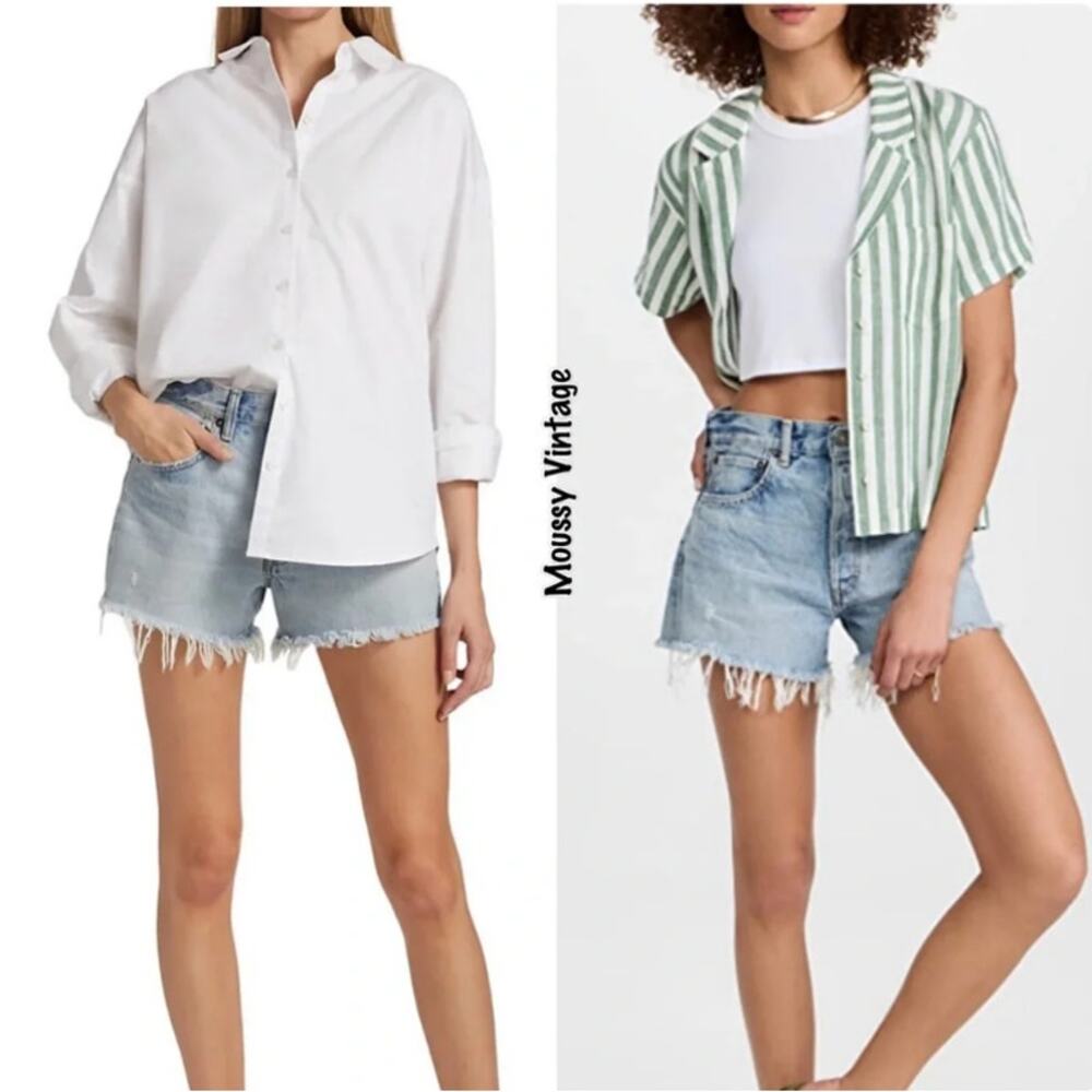 MOUSSY VINTAGE MV Mathews Shorts Sz 27 Light Blue Distressed Raw Hem Denim $225